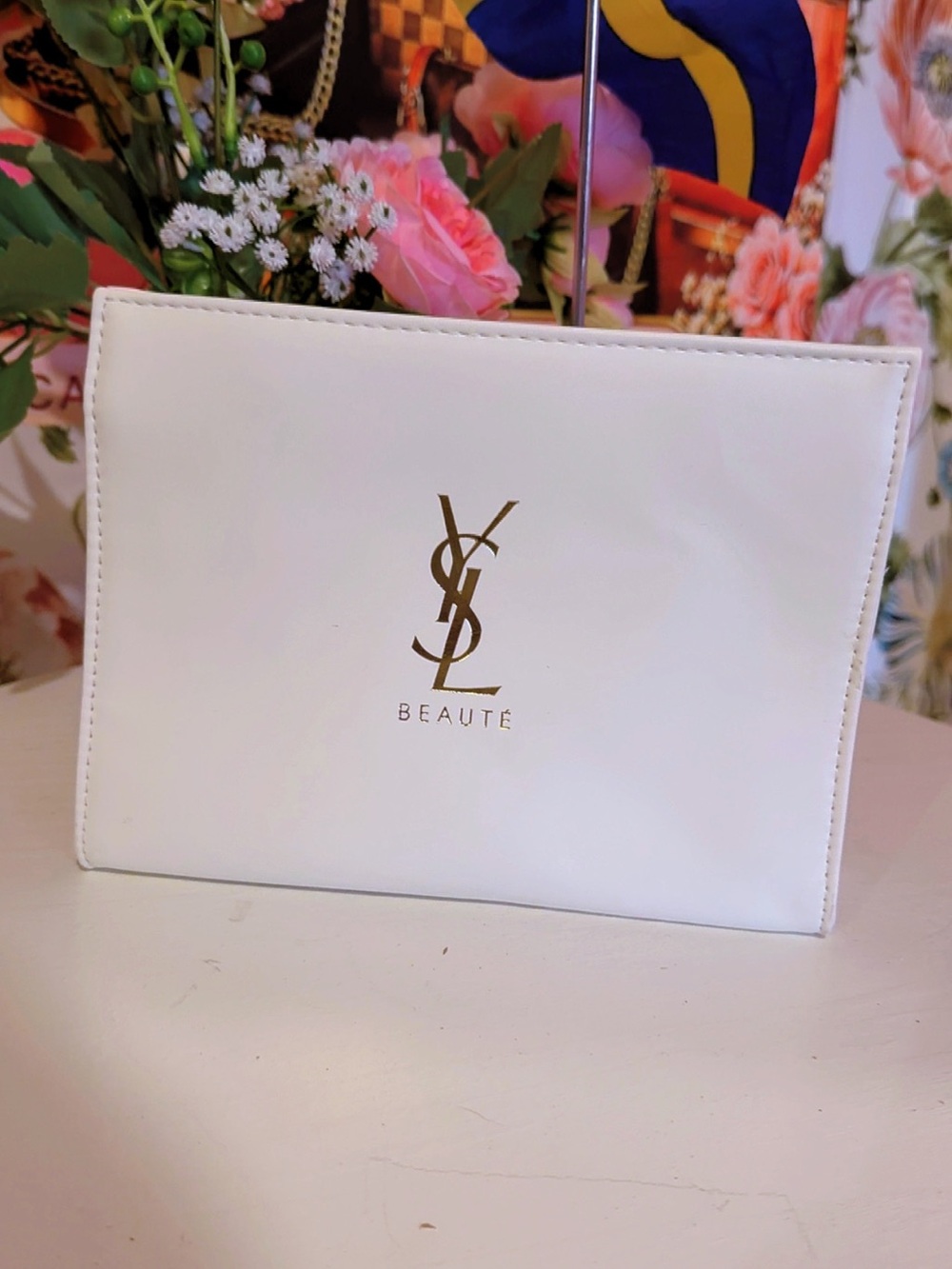 YSL Beauty White Cosmetic Makeup Pouch Gold Logo